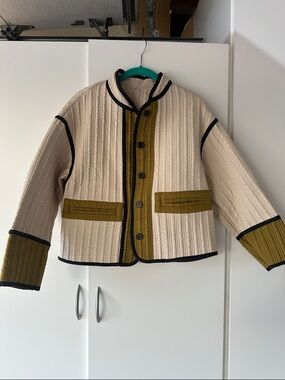 Quilted Cream Jacket with Olive Trim